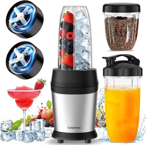 12-Piece Smoothie Blender Maker 25,000 RPM Personal Blender for Ice Crushing Smoothies & Frozen Drinks Nuts with 23oz, 32oz, 37oz Portable Cups Two 6-Leaf Stainless Steel Blades, Silver in Kuwait