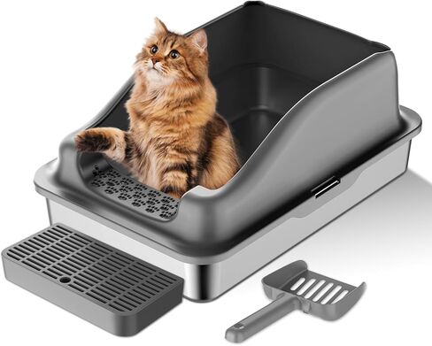 صندوق فضلات القطط من الفولاذ المقاوم للصدأ، صندوق فضلات معدني كبير مع غطاء، صندوق فضلات معدني بجوانب عالية، غير لزج، مضاد للتسرب، سهل التنظيف in Kuwait