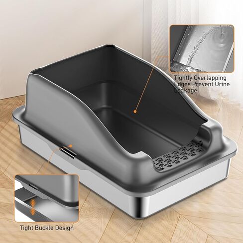 صندوق فضلات القطط من الفولاذ المقاوم للصدأ، صندوق فضلات معدني كبير مع غطاء، صندوق فضلات معدني بجوانب عالية، غير لزج، مضاد للتسرب، سهل التنظيف in Kuwait