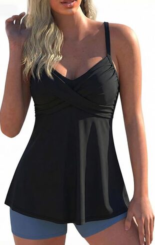 Hilor Women's Underwire Tankini Top Swimwear Twist V Neck Swimsuit Top for Big Busted Flared Flowy Bathing Suits Top in Kuwait