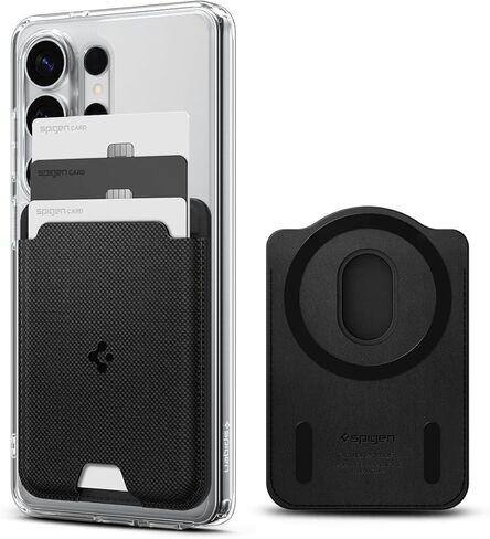 Spigen Magnetic Wallet Card Holder (MagFit) Designed for Galaxy S25 Series Magnetic Case Only and iPhone 16/15/14/13/12 Models, Holds up to 3 Cards - PU Black (MagFit+) in Kuwait