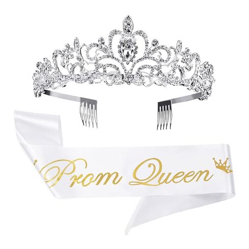 2Pcs Prom Queen Sash and Tiara Set, Tiara Crystal Rhinestones Bridal Crowns for women, Silver Crown with Comb for Little Girls Birthday and Wedding School Graduate Party Accessories in Kuwait