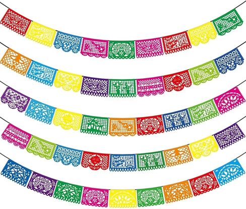 5 Pack White Papel Picado Banner, Cinco De Mayo Plastic Mexican Party Banner Wedding Fiesta Party Decoration May 5 Mexican Themed Party Decor, Mexico Birthday Party Supplies - 4 Patterns/90Ft in Kuwait