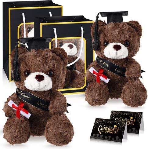 2 مجموعات من دب مع تخرج Cap Toys Class من 2025 تخرج أفخم حشو تيدي دب قبعة التخرج من الكلاب الكلاب والثوب مع بطاقة المعايدة وحقيبة هدية يوم التخرج (Red Bear B) in Kuwait