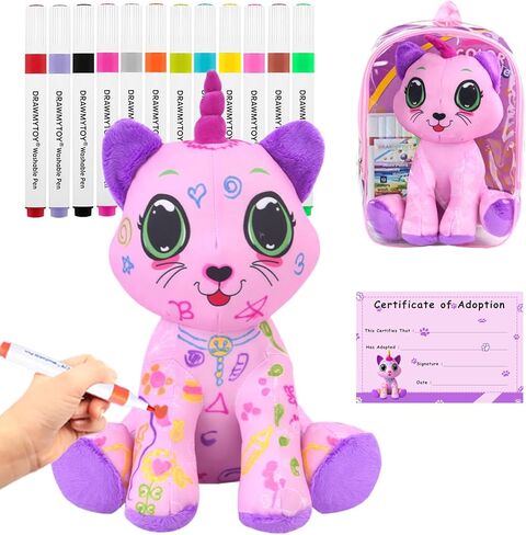 Coloring Plush Toy with 12 Washable Markers for Little Girls Doodle Dolls Arts and Crafts Soft DIY Washable Doodle Stuffed Animal Toy for Kids Ages 4-6 Birthday (Pink Cat) in Saudi Arabia