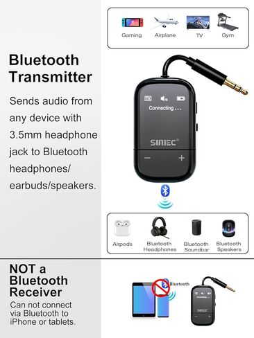 Bluetooth 5.3 Transmitter Airplane Adapter with Screen - AptX Adaptive Supports 2 AirPods or Headphones - 3.5mm AUX Jack Wireless Audio for Planes Travel TV PC Gym in Kuwait