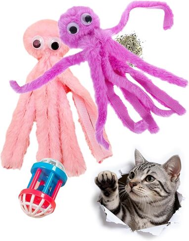 Octopus Catnip Toys 3-Pack + Large Cat Ball & 2 Catnip Packs - Indoor Kitten Toys for Chewing, Cleaning Teeth & Reducing Boredom in Kuwait