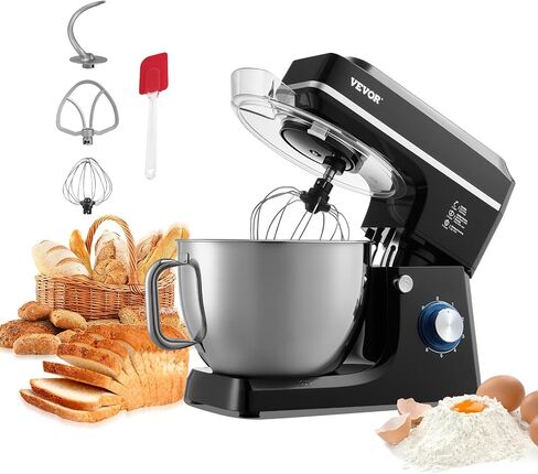 VEVOR Stand Mixer, 5QT Dough Mixer, 10+P Speeds Tilt-head Food Mixer, Kitchen Mixer with Stainless Steel Bowl, Dough Hook, Wire Whip, Beater, Scraper, Household Stand Mixer for Baking Mixing, Black in Kuwait