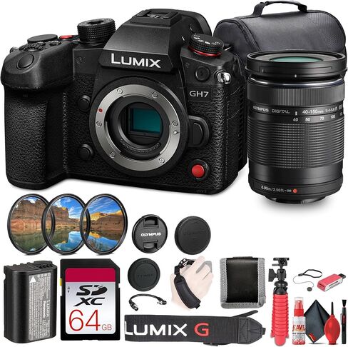 كاميرا Panasonic Lumix GH7 بدون مرآة (DC-GH7BODY) + عدسة Olympus 40-150 مم f/4-5.6 R + بطاقة ذاكرة SF-M سعة 64 جيجابايت + برنامج لتحرير الصور + حقيبة + بطارية DMW-BLK22 + قارئ بطاقات + شاحن + المزيد in Saudi Arabia