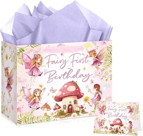 Fairy 1st Birthday Gift Bag Our Little Fairy is Turning One Gift Bag with Card and Tissue Paper My Fairy First Birthday Wrapping Paper Bag for Girls Newborn Baby Shower First Birthday Party Supplies in Saudi Arabia
