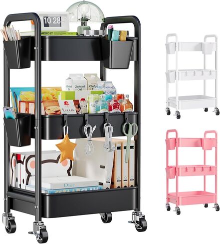 Pink 3 Tier Rolling Cart Metal, Three Tiered Craft Cart with Lockable Wheels, Utility Art Cart Organizer on Wheels, Heavy Duty Storage Carts for Baby Diaper, Book, Bathroom, Kitchen, Nail, Makeup in Saudi Arabia