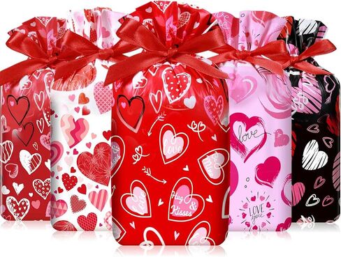 Capoda 50 Pcs Valentine‘s Day Treat Bags Plastic Drawstring Gifts Goodie Candy Snack Bags Red Heart Party Favors for Valentine‘s Day Exchange Gifts Wedding Bridal Birthday Party Supplies(6 x 9 Inch) in Saudi Arabia