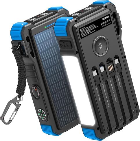 BLAVOR Solar Charger Power Bank 20000mAh Built in 4 Cables, 20W Fast Charging External Battery Pack with USB C, Camping Light, Flashlight, Carabiner for Cell Phones, Portable Charger for Apple Watch in Kuwait