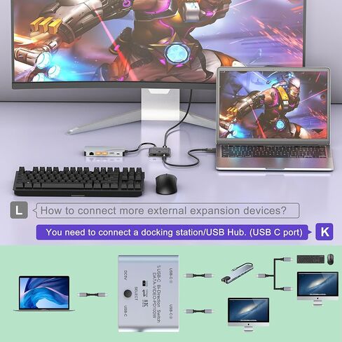 8K USB C Switch Splitter USB C Switcher for 2 Computers - Bi Directional USBC KVM Switch 1 in 2 Out for 8K@60Hz/4K@144Hz Video Transfer+100W Charging+10Gbps Data, with Power Cable in Kuwait