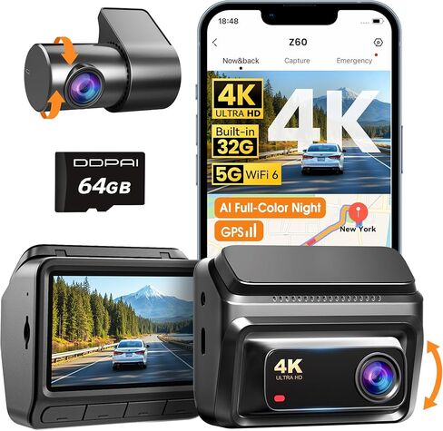 DDPAI 4K DASH CAM الأمامية والخلفية ، UHD 2160P+1080P DASH CAMERT للسيارات ، تضمنت بطاقة 64 جيجابايت ، ومساحة Wi-Fi 6G المدمجة ، وشاشة 3 '' IPS ، AI-isp الرؤية ، زاوية واسعة 143 درجة ، 48H وضع وقوف السيارات ، Z50 PRO PRO PRO PRO in Saudi Arabia