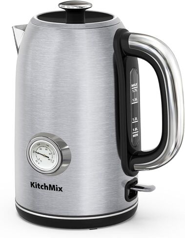 electral kettles1500w ، 1.7 لتر غلاية شاي من الفولاذ المقاوم للصدأ مع مقياس حرارة ، وإغلاق تلقائي ومجرى ، مقبض اللمس البارد ، غلاية خالية من BPA و Kettle الساخنة (Beige) in Kuwait