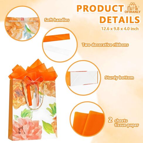 OFIHANLY 12.6" Medium Size Happy Mothers Day Gift Bags with Handles for Women Kids Baby Girls Cute Orange Paper Gift Wrap Bags with Tissue Paper for New Mom, Grandma, Sister, Nana, Gigi in Kuwait