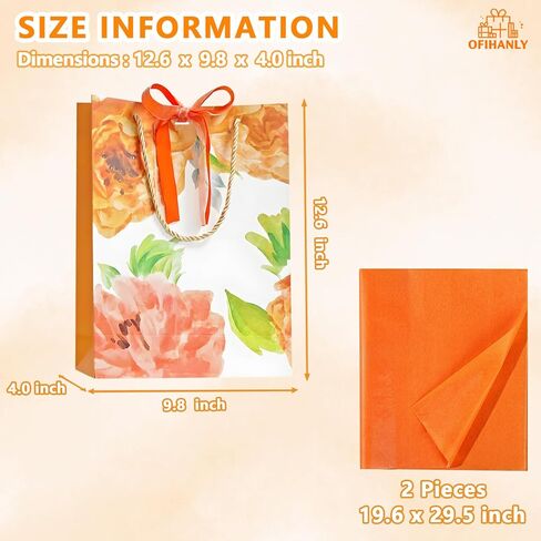 OFIHANLY 12.6" Medium Size Happy Mothers Day Gift Bags with Handles for Women Kids Baby Girls Cute Orange Paper Gift Wrap Bags with Tissue Paper for New Mom, Grandma, Sister, Nana, Gigi in Kuwait