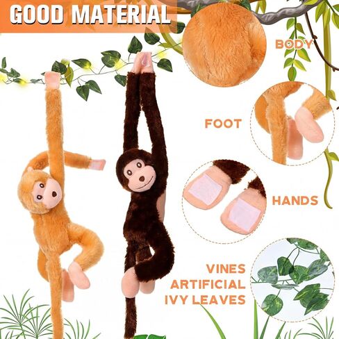 12 Pcs 20 Inch Hanging Monkey Stuffed Animal Stuffed Monkey Plush Toy with 2 Hanging Artificial Ivy Vines 2 Pcs 20 LED Fairy Light Battery Operated String Light for Gifts(Brown, Khaki) in Kuwait
