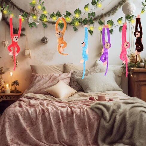 12 Pcs 20 Inch Hanging Monkey Stuffed Animal Stuffed Monkey Plush Toy with 2 Hanging Artificial Ivy Vines 2 Pcs 20 LED Fairy Light Battery Operated String Light for Gifts(Brown, Khaki) in Kuwait