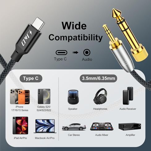 J&D USB C to 3.5mm/6.35mm 1/4 inch Audio Cable with 3.5mm and 6.35mm Adapter Car Auxiliary Cable Headphone Adapter Compatible with iPhone 15/15 Plus/15 Pro/15 Pro Max, 3ft in Kuwait