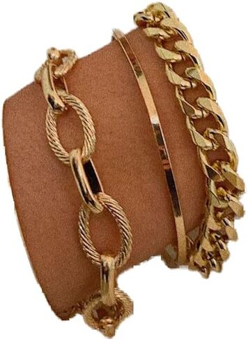 Octwine Fashion Cute Simple Boho Stackable Bracelet Set Gold Chunky Layered Link Bracelet Chain Jewelry for Women Girls 4PCS in Kuwait