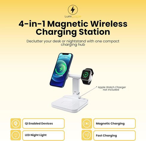 قاعدة شحن لاسلكية LumiCharge 4 في 1 Qi مع ضوء ليلي LED، شحن سريع لـ Magsafe وساعة Apple وAirPods وكابل USB-C وكتلة شاحن USB-C - شحن آمن متعدد الأجهزة in Kuwait