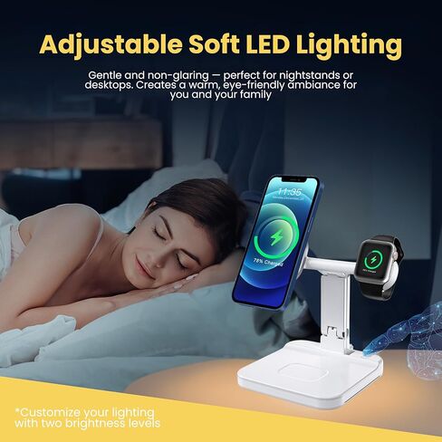 قاعدة شحن لاسلكية LumiCharge 4 في 1 Qi مع ضوء ليلي LED، شحن سريع لـ Magsafe وساعة Apple وAirPods وكابل USB-C وكتلة شاحن USB-C - شحن آمن متعدد الأجهزة in Kuwait