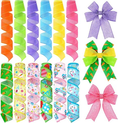 Chunful 12 Rolls Easter Wired Edge Ribbon 2.5" x 5 Yards Easter Egg Bunny Rabbit Carrot Burlap Ribbon Crafts Ribbon Fabric Decorative for Gift Wrapping Hair Bow Sewing Crafts Wreath Supplies in Kuwait