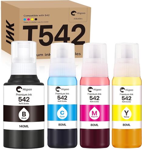 hiipoo 542 صبر زجاجة إعادة ملء الحبر ET-5850 ET-5880 ET-5170 ET-16600 ET-16650 ST-C8000 Printers استبدال زجاجات Epson 542 تعبئة الحبر لـ Ecotank ET-5850 ET-5880 (4 عبوات) in Kuwait