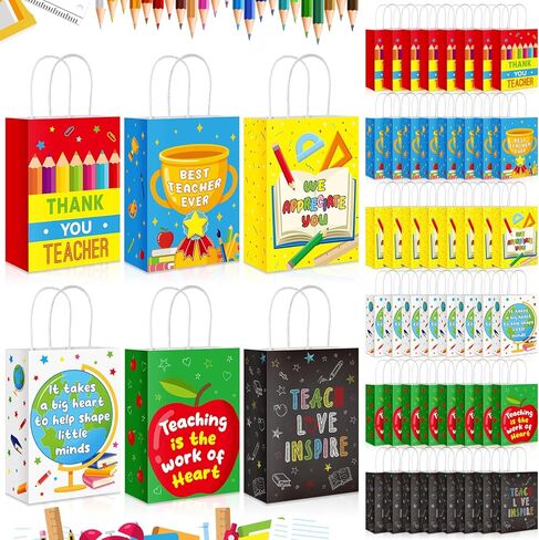 Yeaqee 36 Pcs Teachers Appreciation Gift Bags Bulk Paper Bags Gifts for Women 8.3'' x 6'' x 3.1'' Thank You Paper Bags for Teacher Colleague Graduation Party 6 Styles in Saudi Arabia