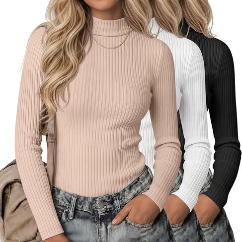Xaatren 3 Pack Women's Mock Turtlenecks Shirts, Long Sleeve Slim Fitted Tank Tops Stretch Basic Lightweight Bustier Tee in Kuwait