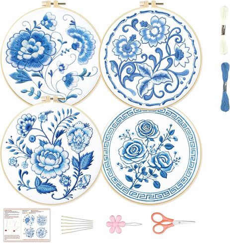 BEUNITONE 4 Set Book Embroidery Kit for Adults Beginners 8'' Flower DIY Cross Stitch Kits Beautiful DIY Needlepoint Starter Kit with Instructions Stamped Embroidery Kit for Home Ofiice Decor in Saudi Arabia