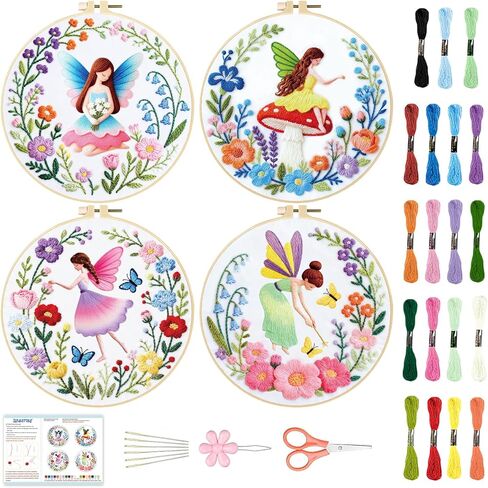 BEUNITONE 4 Set Book Embroidery Kit for Adults Beginners 8'' Flower DIY Cross Stitch Kits Beautiful DIY Needlepoint Starter Kit with Instructions Stamped Embroidery Kit for Home Ofiice Decor in Saudi Arabia