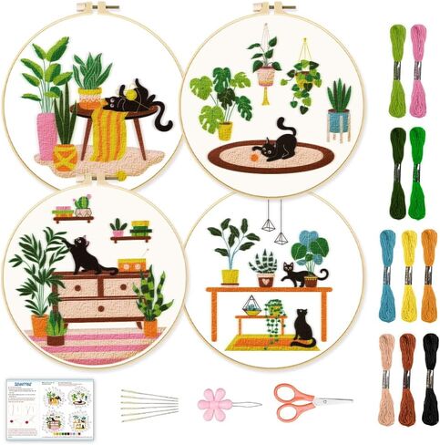 BEUNITONE 4 Set Book Embroidery Kit for Adults Beginners 8'' Flower DIY Cross Stitch Kits Beautiful DIY Needlepoint Starter Kit with Instructions Stamped Embroidery Kit for Home Ofiice Decor in Saudi Arabia