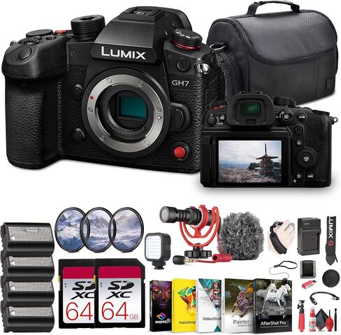 كاميرا Panasonic Lumix GH7 بدون مرآة + بطاقة ذاكرة من سلسلة SF-M سعة 2 × 64 جيجابايت + مصباح LED + ميكروفون + برنامج لتحرير الصور + حقيبة + 3 بطاريات DMW-BLK22 + قارئ بطاقات + شاحن + مصباح LED + المزيد in Saudi Arabia