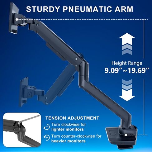 WALI Single Monitor Gas Spring Desk Mount, Heavy Duty Monitor Arm for Ultrawide Screen up to 49 inch, 44 lbs with USB. Fully Adjustable, Mounting Holes 75 and 100 (GSMU001XL), Black in Kuwait