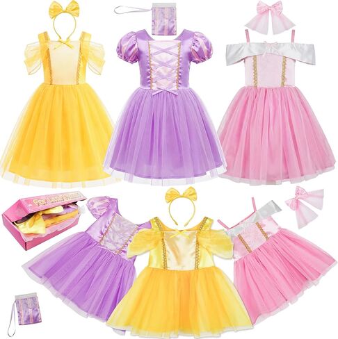 Princess Costume Trunk for Toddler Girls, 3 Pcs Fancy Dress Up Outfit for Little Kids Birthday Christmas 2-12Y in Kuwait
