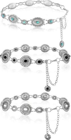 Junkin 3 Pcs Women Concho Western Chain Belts Turquoise Chain Belts Antique Western Waist Belts Country Metal Belt Link Belt in Kuwait