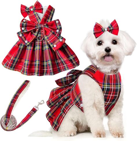 PETCARE Cute Dog Dress Clothes for Small Dogs Cats Girl Female Purple Plaid Bow Tie Dog Harness Dresses Leash Set with Pearls Bow Accessories Birthday Puppy Dress Shih Tzu Yorkies Chihuahua Outfits in Saudi Arabia
