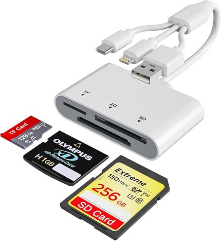 SD Card Reader for iPhone with USB-C & Lightning - 3-in-1 SD MicroSD xD-Picture Cards Memory Card Reader, Compatible with iPhone 16/15/14, iPad, MacBook, Android, Camera & PC in Kuwait