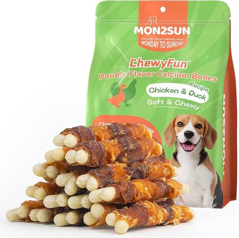 MON2SUN Double Flavor Dog Treats, 4 Inch Chicken and Duck Wrapped Calcium Bones, Rawhide Free Dog Chews for Small Dogs, Teeth Cleaning Dog Bones, 21.16oz (30 Count-Pack of 1) in Kuwait