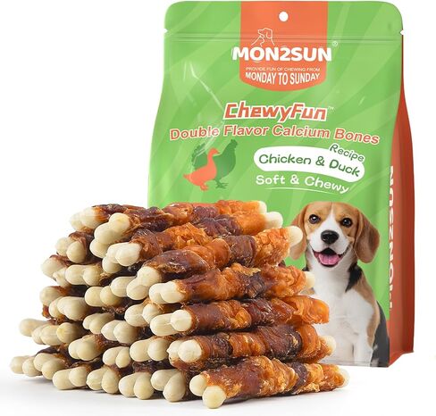 MON2SUN Double Flavor Dog Treats, 4 Inch Chicken and Duck Wrapped Calcium Bones, Rawhide Free Dog Chews for Small Dogs, Teeth Cleaning Dog Bones, 21.16oz (30 Count-Pack of 1) in Kuwait