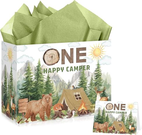 One Happy Camper Birthday Gift Bag Camping 1st Birthday Gift Bag with Greeting Card and Tissue Paper Forest Adventure One Gift Wrapping Bag for Boys Newborn Baby Shower 1 Year Old Party in Kuwait