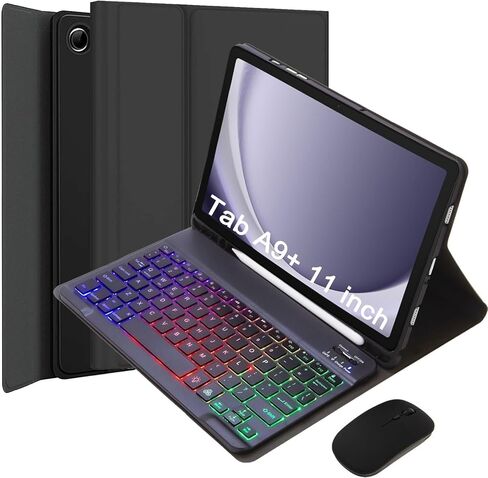 حالة لوحة المفاتيح لـ Samsung Galaxy Tab A9+/A9 Plus 11 بوصة 2023 (SM-X210/X216/X218) ، لوحة مفاتيح Bluetooth الخلفية القابلة للفصل والماوس ، غطاء حامل خفيف الوزن مع حامل القلم (أسود) in Kuwait