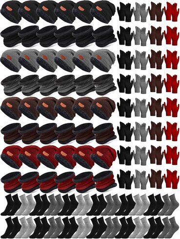 Toulite 96 Pcs Bulk Winter Beanie Hats Scarf Gloves and Socks Set, Winter Fleece Lined Knitted Hat Slouchy Beanie Hats Skull Cap Neck Gaiter Gloves Sock for Women Men Homeless Care Package Supplies in Saudi Arabia