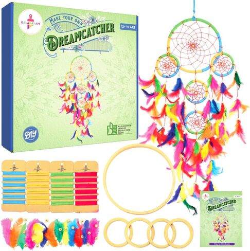 Kalakaram DIY 5 RING DREAM CATCHER MANING | قم بإنشاء الماسك الحلم السحري مع حلقات خشبية ، والريش ، والخرز والخيوط الملونة | طقم حرفة ديكور الغرفة in Saudi Arabia
