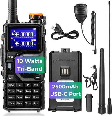 BAOFENG K5PLUS Tri-Band Ham Radio Handheld, 10W Long Range Walkie Talkie UHF VHF 1.25M Two Way Radio with Airband NOAA, 2500mAh Battery+USB-C Port, Speaker Mic, 999CH, Frequency Copy, Scramble, 2Packs in Saudi Arabia