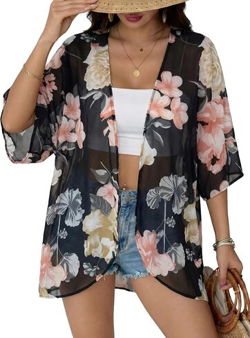 Chunoy Women Floral Print Lightweight Chiffon Kimono Cardigan Short Sleeve Loose Beach Wear Cover Up Blouse Top in Kuwait
