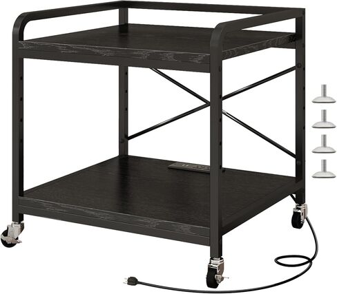 Under Desk Printer Stand with Power Outlet Large Printer Table with Adjustable Shelf,Industrial Wheels, 20 Inches Deep 2 Tier Rolling Printer Cart for Home Office, Rustic Brown in Kuwait